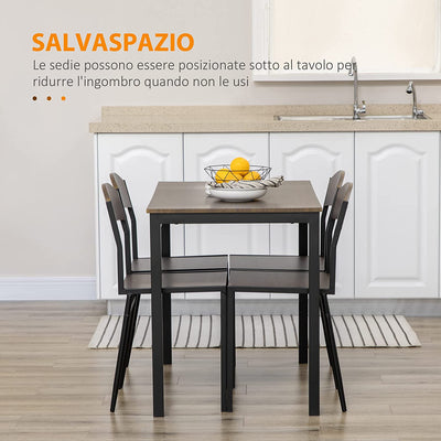 Set Da Pranzo Da 5 Pezzi Con 1 Tavolo Rettangolare 100X63X76.5 Cm E 4 Sedie 45X40X82 Cm, in Acciaio E MDF, Nero E Rovere