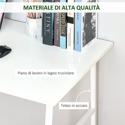 Scrivania Moderna per Camera E Ufficio Con 2 Ripiani Laterali, Scrivania Porta PC in Legno E Acciaio, 120X60X76Cm, Bianco