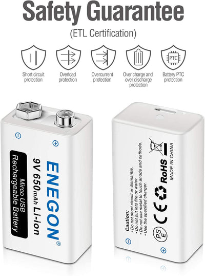 9V USB Dirette Batteria 650Mah Litio Ricaricabile Con Cavo Micro USB 2 in 1 per Microfono, Allarme Antifumo, Giochi Elettrici, Walkie-Talkie Ed Altri Dispositivi (2-Pezzi)