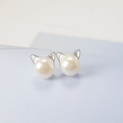 925 Sterling Silver Natural Freshwater Pearl Sprouting Cat Cat Ears Earrings