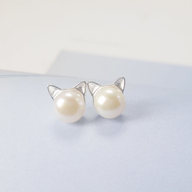 925 Sterling Silver Natural Freshwater Pearl Sprouting Cat Cat Ears Earrings