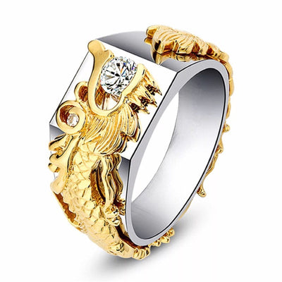 New Men'S Domineering Dragon Pattern Two-Color Zircon Rhinestone Ring Fashion Punk Hip Hop