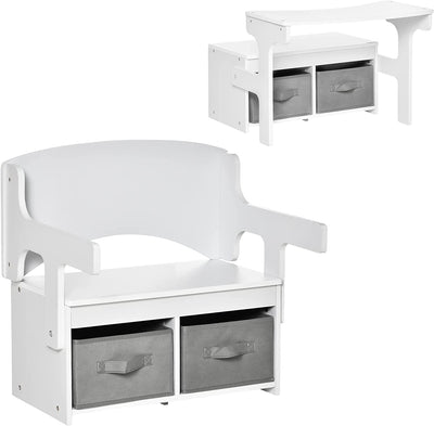 Cassapanca per Bambini 2 in 1 Convertibile, Portagiochi in Banchetto Scuola Con 2 Cassetti in Tessuto, Età 2-5 Anni, 60X43X57Cm, Bianco