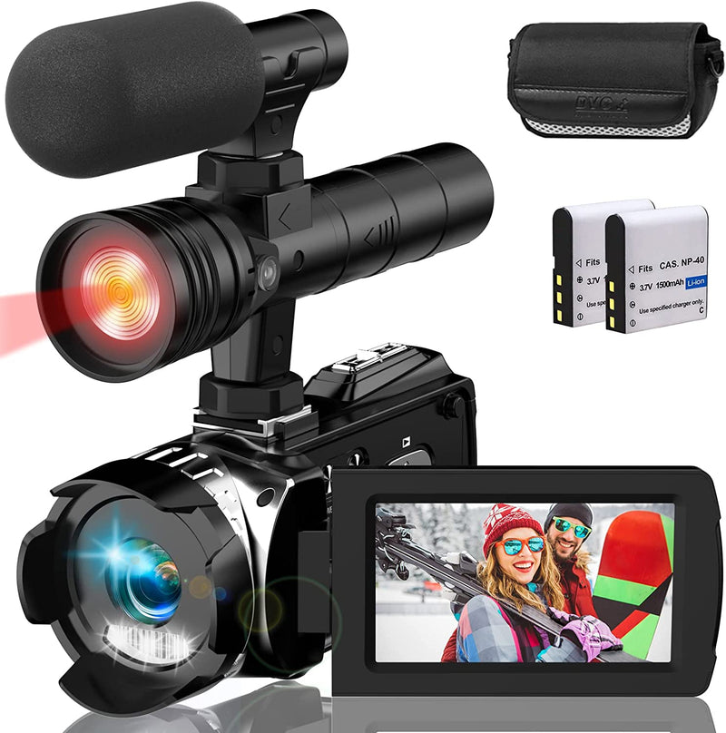 Videocamera Digitale 4K Camcorder FHD 60FPS Vlogging Camera per Youtube IR Visione Notturna, 24X Zoom Digitale, 3.0"IPS Schermo Video Camera Con Microfono,Luce Di Riempimento a LED,2 Batterie