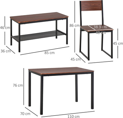 Set Tavolo Da Pranzo Con 2 Sedie Stile Industriale E Panca 2 Posti in Legno E Metallo per Soggiorno E Cucina Nero E Marrone