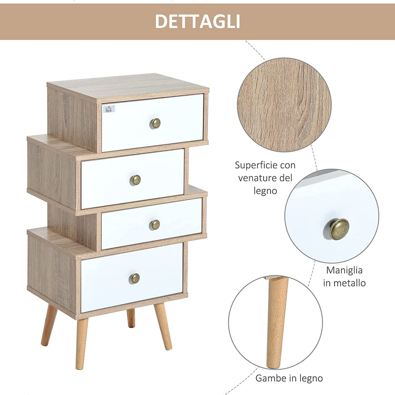 Mobiletto Multiuso Stile Nordico Cassettiera Con 4 Cassetti in Legno, 47 X 29.5 X 81Cm