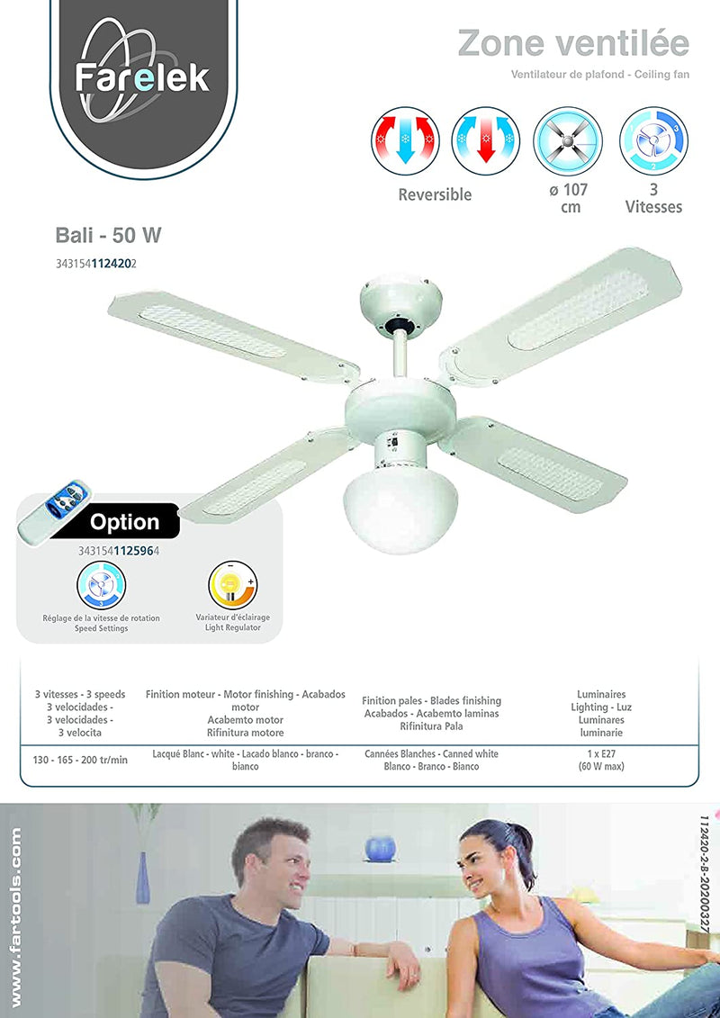 Bali 112420 Ventilatore Da Soffitto, 107 Cm, Bianco