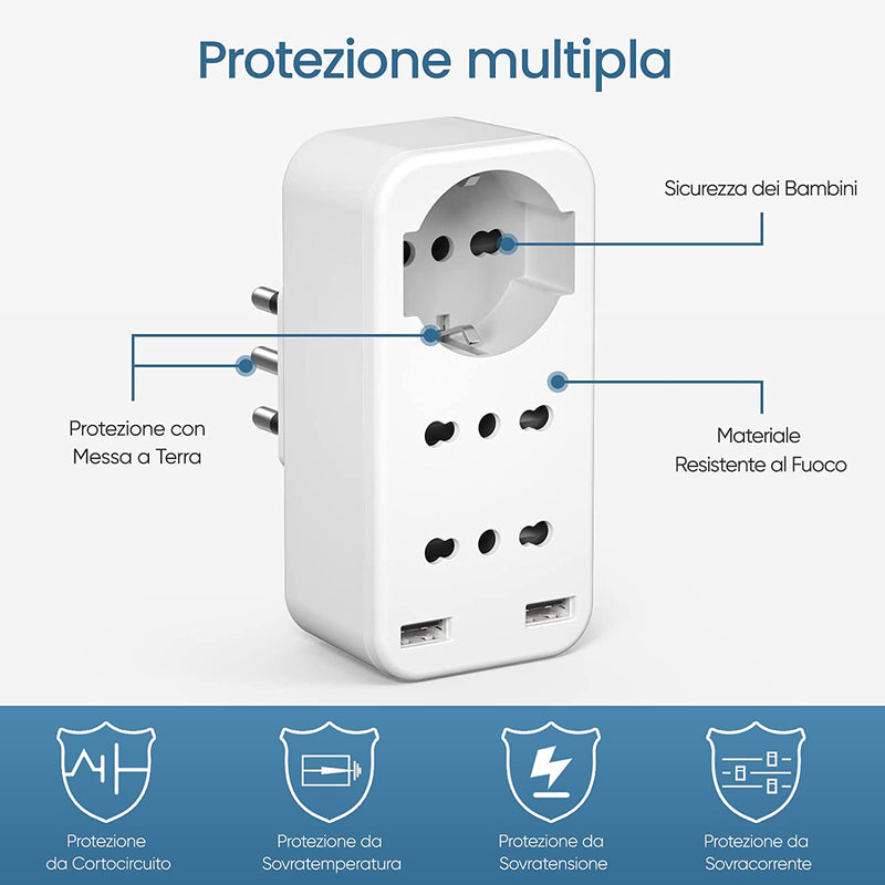 Presa Multipla USB, Presa Salvaspazio Con 10A/16A, Spina Italiana, Adattatore Multipresa Elettrica Da Muro Con 1 Schuko & 2 Prese IT & 2 USB, Tripla Presa 2400W per Ufficio Casa Viaggio-Bianco