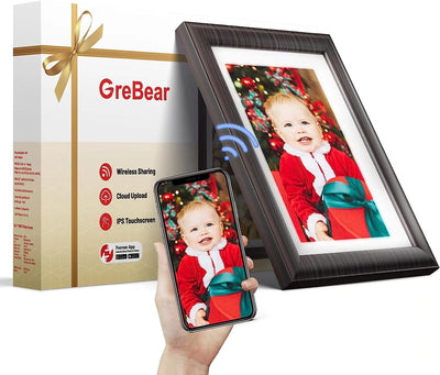 Cornice Digitale Wifi Da 10 Pollici, Festa Della Papà Set Regalo, Doppia Cornice Rimovibile IPS Schermo Touch HD Con 16 Gb-Noce, Rotazione Automatica, Condivisione Di Foto O Video, Regalo per Neonato