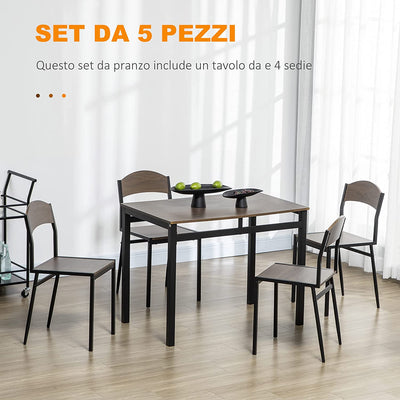 Set Da Pranzo Da 5 Pezzi Con 1 Tavolo Rettangolare 100X63X76.5 Cm E 4 Sedie 45X40X82 Cm, in Acciaio E MDF, Nero E Rovere