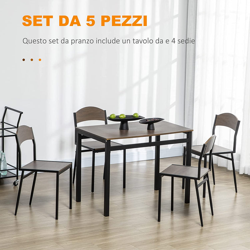 Set Da Pranzo Da 5 Pezzi Con 1 Tavolo Rettangolare 100X63X76.5 Cm E 4 Sedie 45X40X82 Cm, in Acciaio E MDF, Nero E Rovere