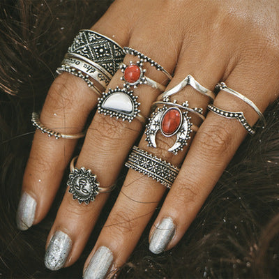 Foreign Trade Retro Silver Carved Joint Ring Red and White Turquoise 14 Piece Set Set Ring Female Jewelry Wholesale