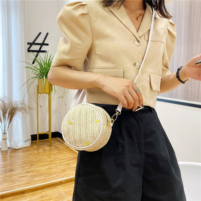 Straw Woven Bag for Women Red Sand Beach Small round Bag Embroidered Single Shoulder Cross over Knitting