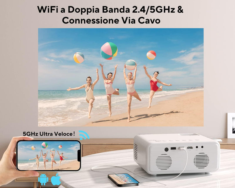 Proiettore 5G Wifi Bluetooth 9000 Lumens,  O7 Proiettore 4K Supporto 1080P Nativo, Videoproiettore Full HD Home Cinema per TV Stick/Ios/Android/Ps5/Hdmi/Usb/Pc (Con Treppiede)