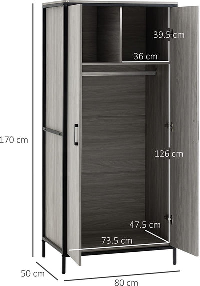 Armadio Guardaroba a 2 Ante Con Scomparti E Barra Appendiabiti, Mobile Stile Industriale Moderno 80X50X179Cm, Grigio