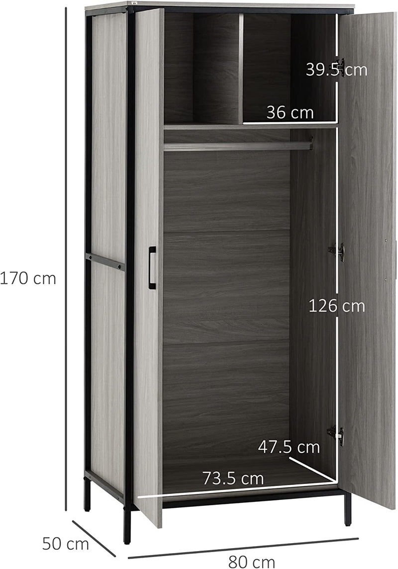 Armadio Guardaroba a 2 Ante Con Scomparti E Barra Appendiabiti, Mobile Stile Industriale Moderno 80X50X179Cm, Grigio