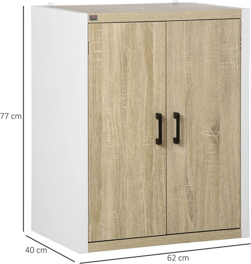 Mobiletto Multiuso per Ingresso E Soggiorno, Armadietto 2 Ante Con Mensola Regolabile in MDF, 62X40X77Cm, Bianco E Legno