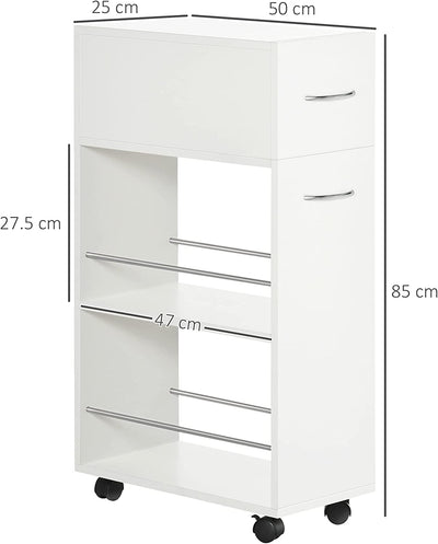 Carrello Da Cucina in Truciolato E Acciaio Inox Con 2 Ripiani Aperti, Cassetto Estraibile E Parapetti, 25X50X85 Cm, Bianco