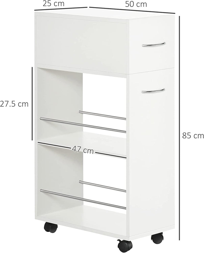 Carrello Da Cucina in Truciolato E Acciaio Inox Con 2 Ripiani Aperti, Cassetto Estraibile E Parapetti, 25X50X85 Cm, Bianco