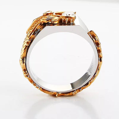 New Men'S Domineering Dragon Pattern Two-Color Zircon Rhinestone Ring Fashion Punk Hip Hop