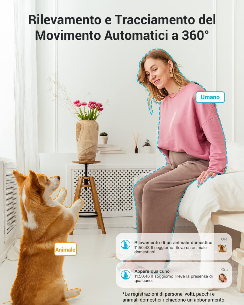 Telecamera Wi-Fi Interno,2K Videocamera Sorveglianza,Rotazione a 360°,Visione Notturna, Tracciamento Del Movimento,Audio Bidirezionale Compatibile Con Alexa&Google Assistant&Ifttt