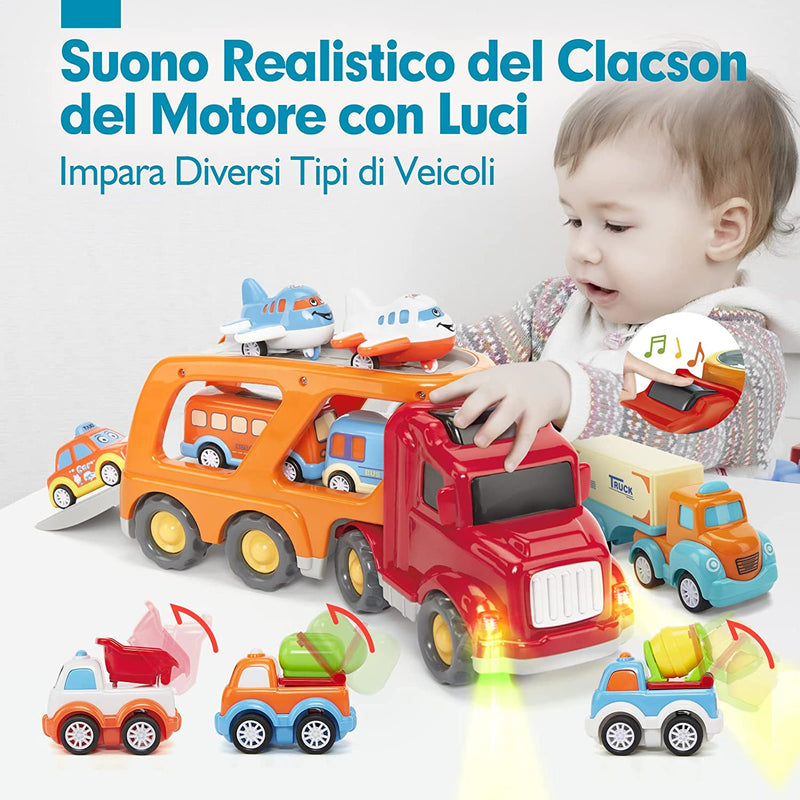 Camion Macchinine per Bambini 2 Anni, 10 Pezzi Camion Cars Con Suoni E Luci, Camion Giocattolo Regalo per Bambino 1 2 3 Anni