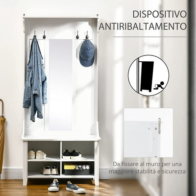 Appendiabiti Attaccapanni Da Terra Con Specchio Scarpiera 4 Ganci Legno 80X40X170Cm Bianco