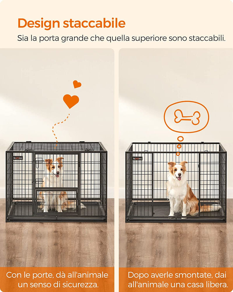 Gabbia per Cani Pesanti, Casetta per Animali Domestici, 107 X 70 X 74,9 Cm, per Cani Di Taglia Grande E Media, Anti-Fuga, Doppio Sportello Rimovibile, Facile Da Pulire, XL, Nero