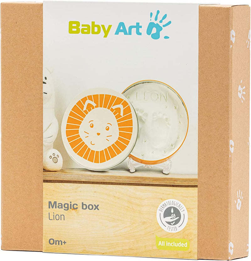 Magic Box Lion Scatola Rotonda in Metallo Con Kit Pasta Modellabile, Kit Impronta Mani E Piedi Neonato, Regalo Nascita O Bomboniera Battesimo