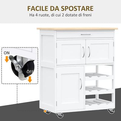 Carrello Portavivande, Carrellino per Cucina in Legno Bianco Con Portabottiglie 1 Cassetto E 3 Antine, 67X37X87Cm