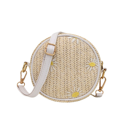 Straw Woven Bag for Women Red Sand Beach Small round Bag Embroidered Single Shoulder Cross over Knitting