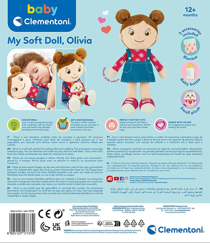 - Olivia, My Soft Doll Stoffa 100% Lavabile, Bambola Bambina Con Accessori, Gioco Prima Infanzia 1 Anno (Versione in Italiano), Multicolore, 17737