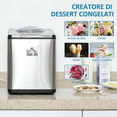 Gelatiera Da 1.5L Con Compressore in Acciaio Inox, 140W, Macchina per Gelato, Yogurt E Milkshake Con Misurino, Paletta E Cucchiaio