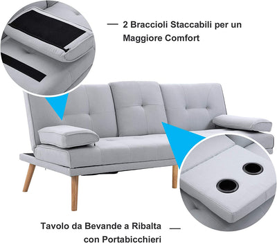 Divano Letto 3 Posti Design Scandinavo Reclinabile 2 Braccioli Staccabili Con Tappetino Antiscivolo Rivestito in Lino Gambe in Legno Pioppo Tavolino a Ribalta Grigio