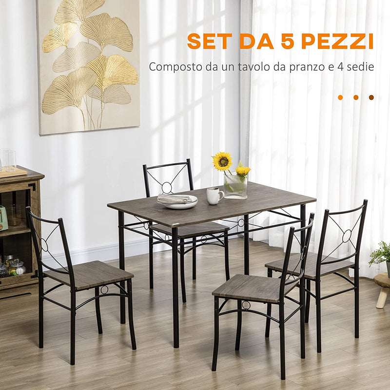 Tavolo Da Pranzo Con 4 Sedie, Set 5 Pezzi in MDF E Metallo per Sala Da Pranzo, Cucina, Bar E Soggiorno, Marrone E Nero