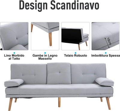 Divano Letto 3 Posti Design Scandinavo Reclinabile 2 Braccioli Staccabili Con Tappetino Antiscivolo Rivestito in Lino Gambe in Legno Pioppo Tavolino a Ribalta Grigio