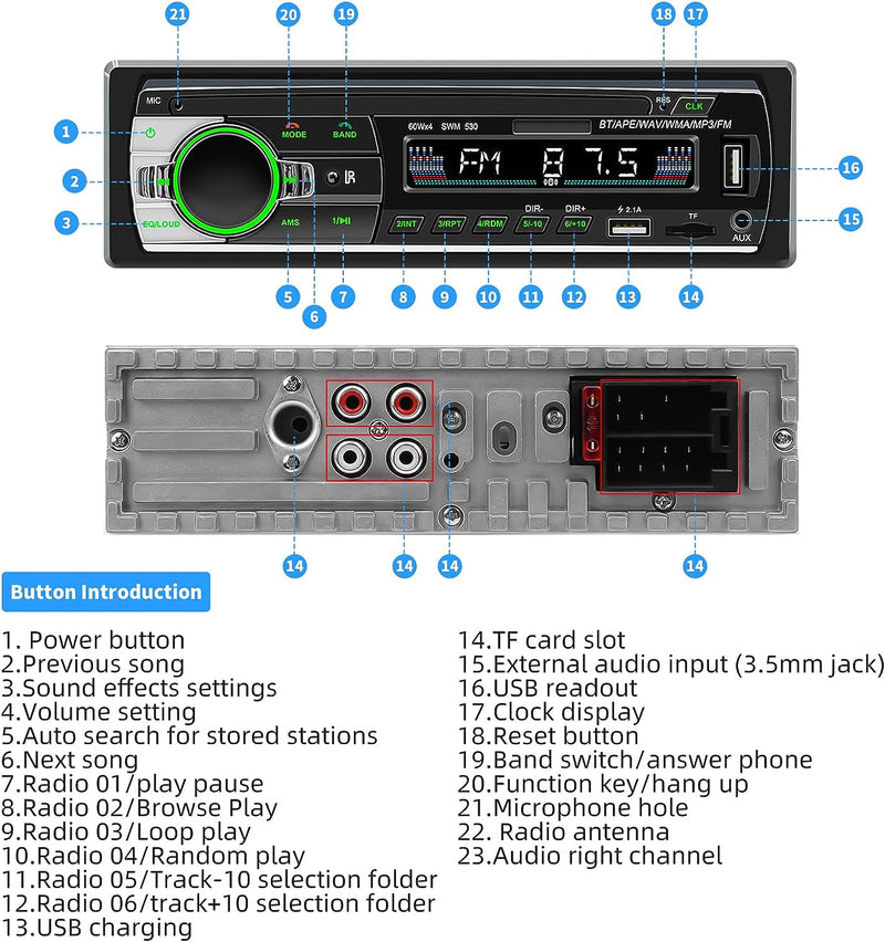 Autoradio Bluetooth, 7 Luci a Colori 60W X 4 Stereo Auto 1 Din Car Radio Con E Telecomando, Supporta MP3/ Usb/Sd/Tf/Aux/File