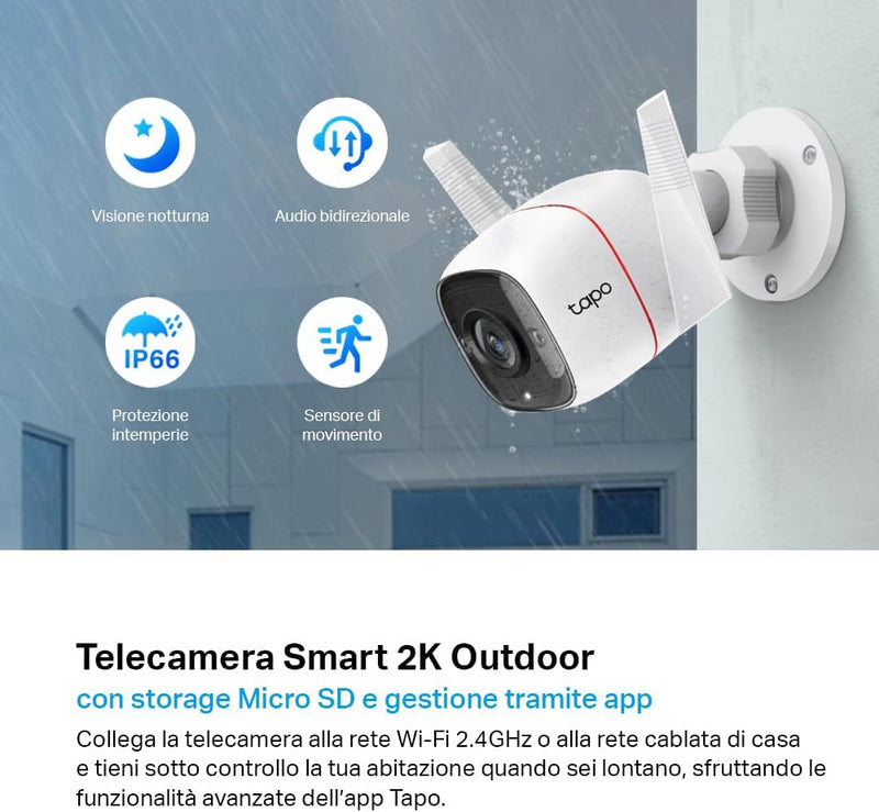 Tapo C310 Telecamera Wi-Fi Esterno UHD 3MP Telecamera IP Di Sorveglianza, Notifiche in Tempo Reale, Visione Notturna Fino 30M, Impermeabile IP66, 2 Vie Audio, Compatibile Con Alexa