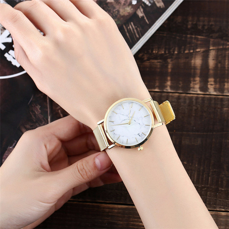 Vansvar Fashion Brand Silver and Gold Mesh Band Creative Marble Wristwatch Casual Women Quartz Watches Gift Relogio Feminino