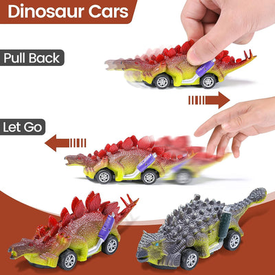 Dinosauri per Bambini, Giochi Bambini 3 2 4 5 6 7 8 Anni Dinosauro Giocattolo Con Scatola Di Stoccaggio 12 Grandi Figure Di Dinosauri Realistici - 2 Auto a Retrocarica