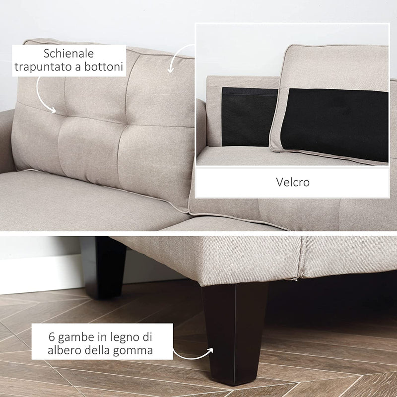 Divano 2 Posti Con Rivestimento in Tessuto Effetto Lino, Divano Moderno Imbottito Con Gambe in Legno E Braccioli Beige