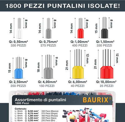 ® Pinza Crimpatrice Con Un Set Di 1800 Puntalini Elettrici - [0,25-10Mm²] Crimpatrice Capicorda Autoregolante - Pinza Elettricista, Pinza Puntalini Elettrici, Pinza Puntalini Elettrici