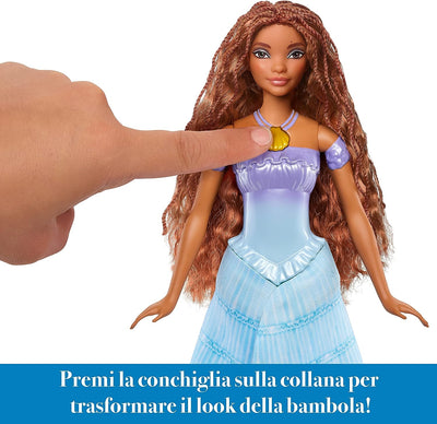 La Sirenetta - Ariel Bambola Trasformabile, Cambia Da Umana a Sirena, Premi La Collana E L'Abito Blu Diventa Una Coda Da Sirena Multicolore, Giocattolo per Bambini, 3+ Anni, HLX13