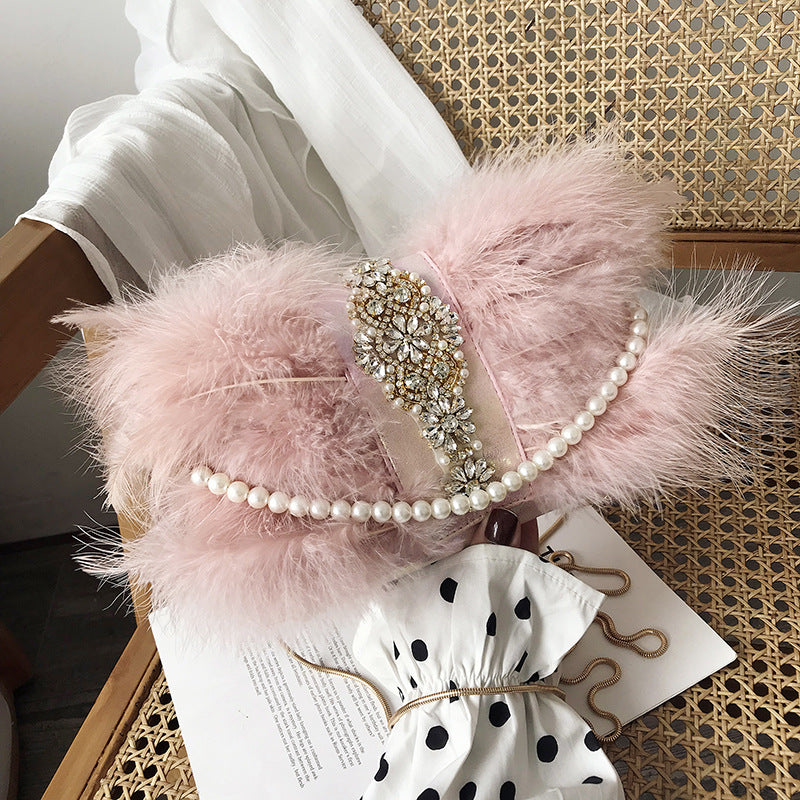 Pearl Chain Diamond-Studded Fur Dinner Plush Bag