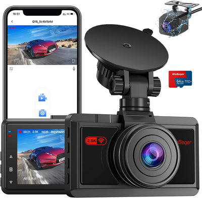 Dash Cam Auto, Wifi Telecamera per Auto, 2.5K+1080P Full HD Doppio Dash Cam, Controllo APP, WDR, Visione Notturna, Grandangolare Di 170°+140°, Monitor Di Parcheggio, G-Sensor, Registrazione in Loop