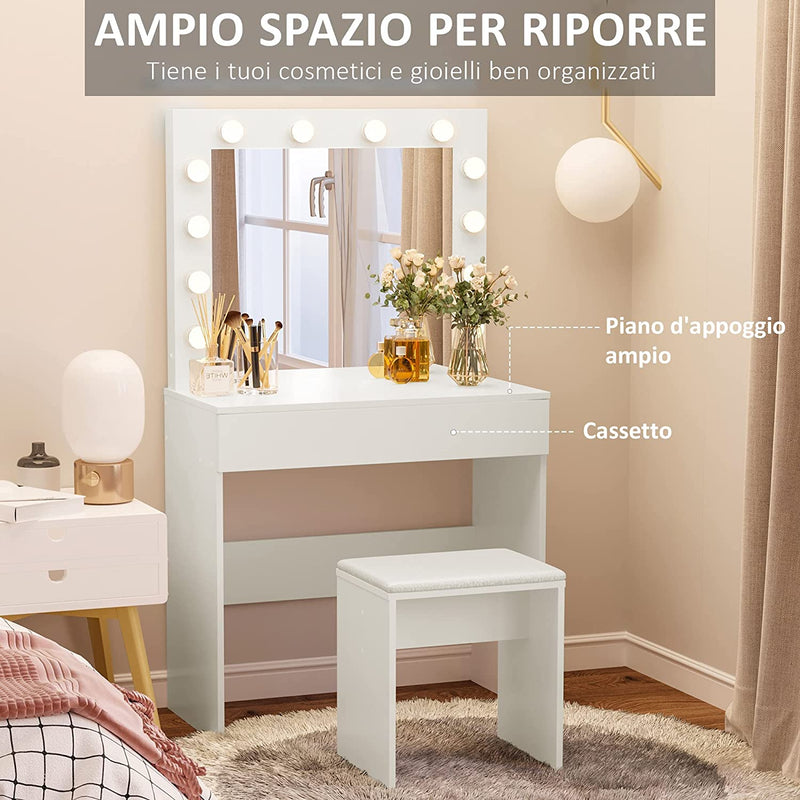 Set Tavolo Da Trucco Toeletta Con Specchio, 12 Luci LED, Sgabello Imbottito E Ampio Cassetto in Legno, 80X40X140 Cm, Bianco