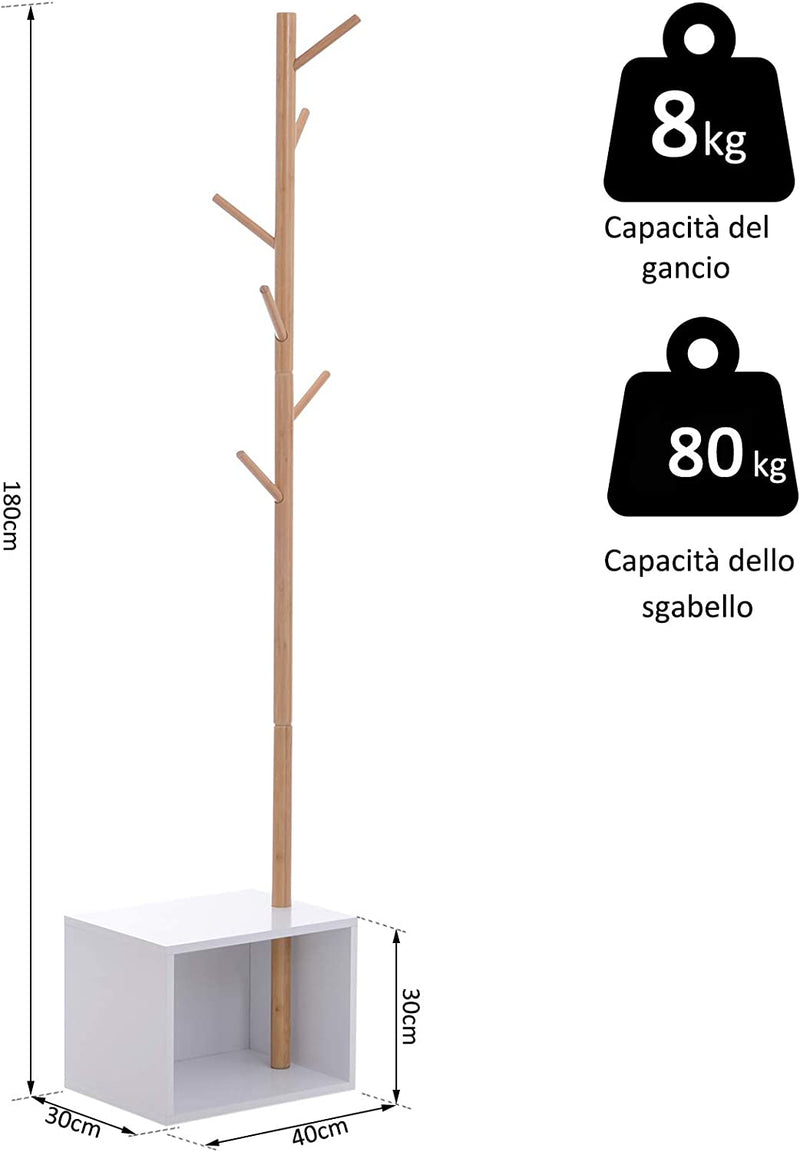 Appendiabiti Con Panchina Cubo per Scarpe per Ingresso E Camera Da Letto 6 Ganci, Bambù Legno MDF, Bianco, 40X30X180Cm