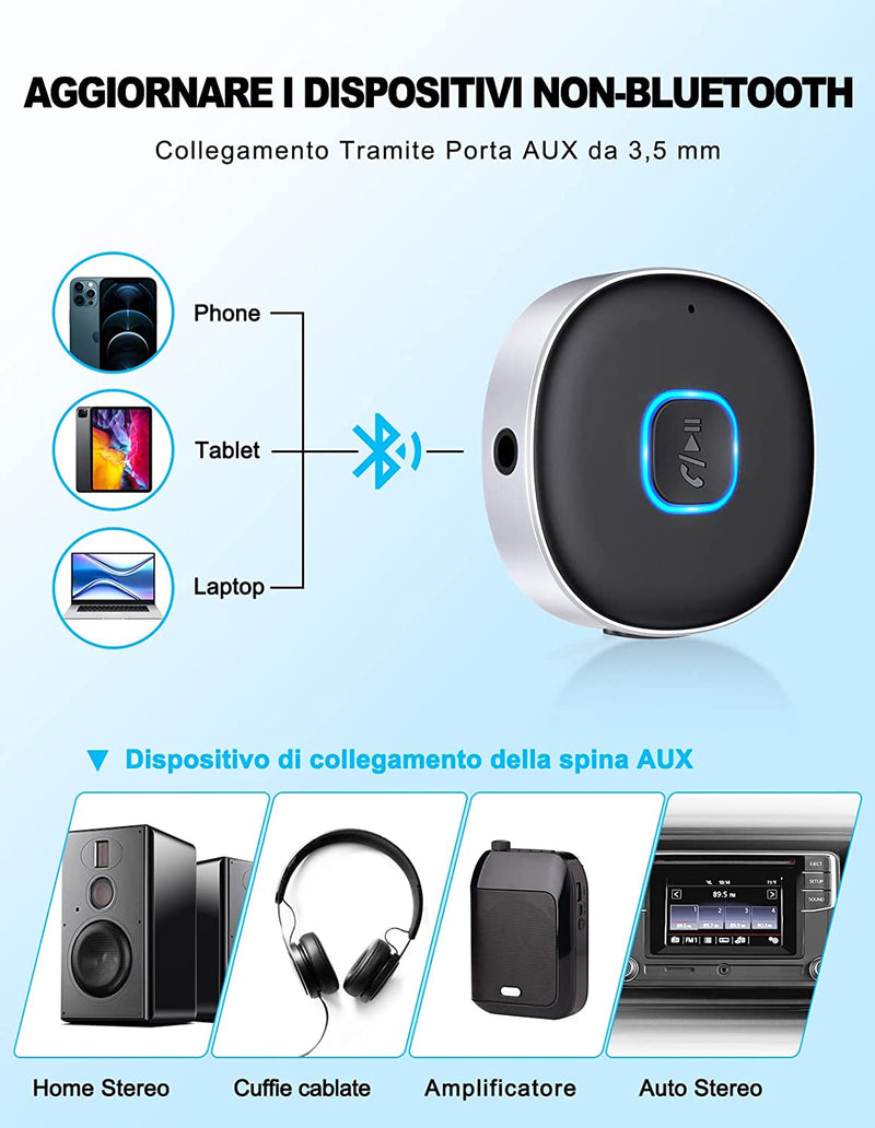 Ricevitore Bluetooth 5.3, Mini Aux Bluetooth Auto per Stereo/Altoparlante/Cuffie Cablate, Adattatore Bluetooth Auto Jack 3.5 Mm, Chiamate in Vivavoce, Connessione Doppia, 16 Ore Di Riproduzione