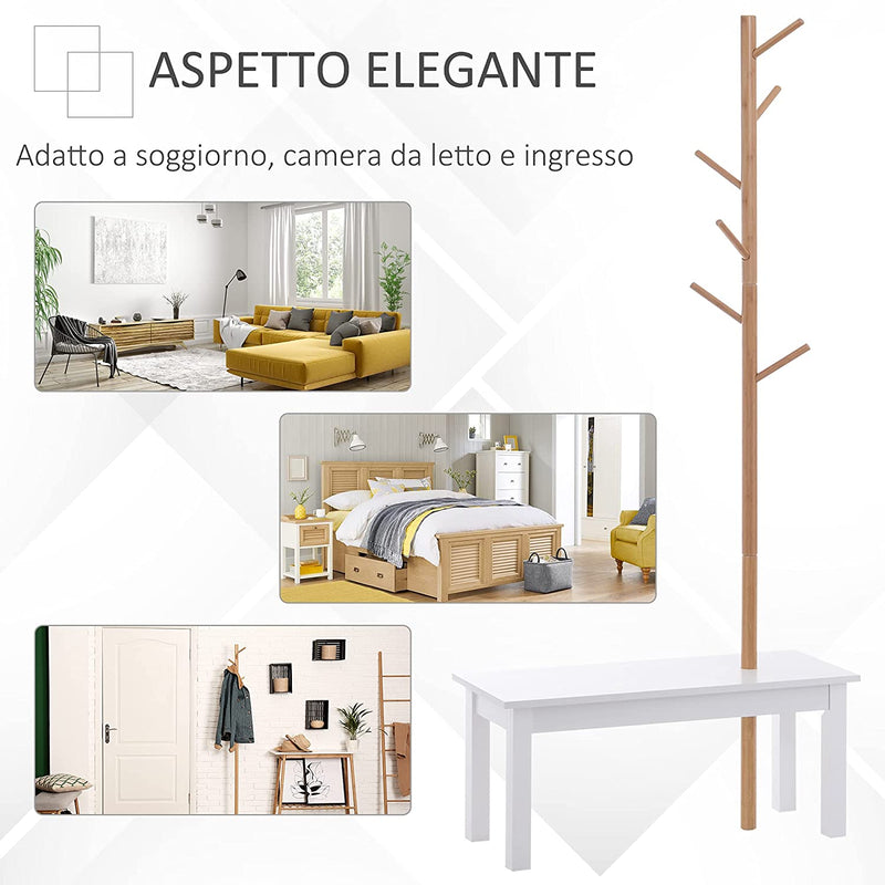 Panca Appendiabiti Attaccapanni per Ingresso Camera Da Letto, Bambù, Bianco Legno, 80X30X180Cm