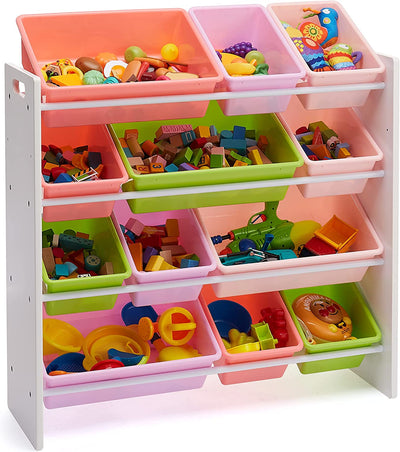 Organizer per Giocattoli per Bambini Con 12 Contenitori in Plastica, Legno Bianco E Contenitori Rosa, 10.9" X 33.6" X 31.1"